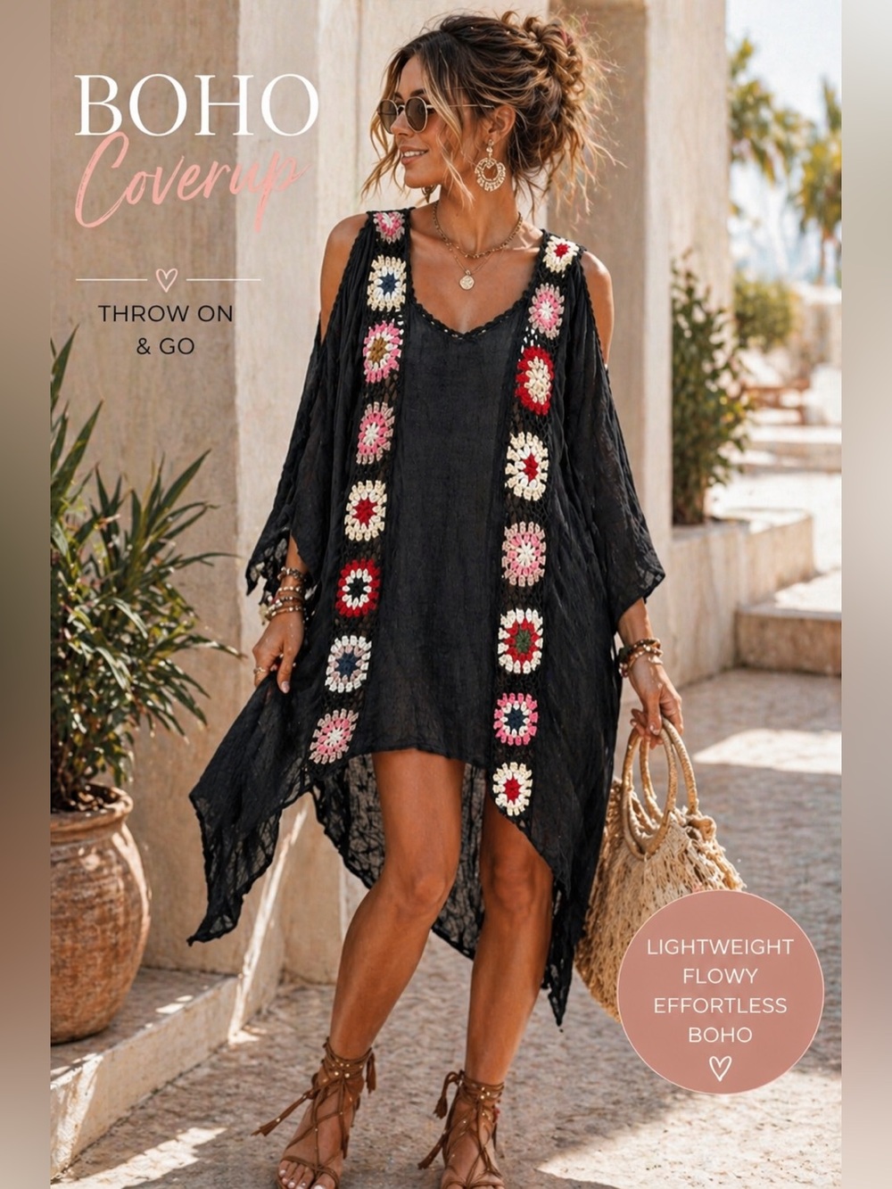 Boho Granny Square Crochet Trim Coverup NWOT One Size Black Hi-Low Cold Shoulder